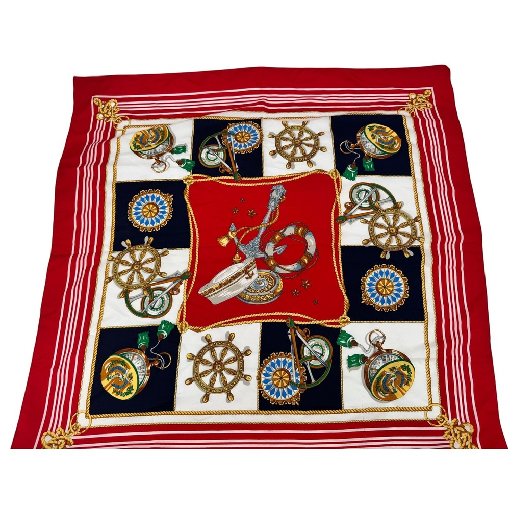 ITALIAN Nautical Scarf‎ Women OS 35x34 Red Navy Maritime Anchor Ship Wheel